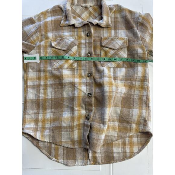 Pie In The Sky Women’s Oversized Medium Plaid Flannel Shirt Yellow Tan White - Picture 5 of 6